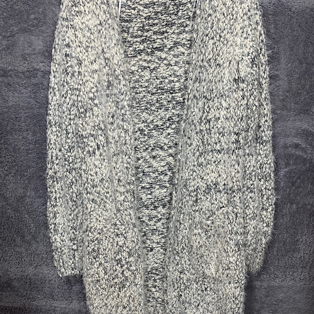 Alya Women's Long Open Front Cardigan Size S Gray Black Fuzzy Knit Pockets Style